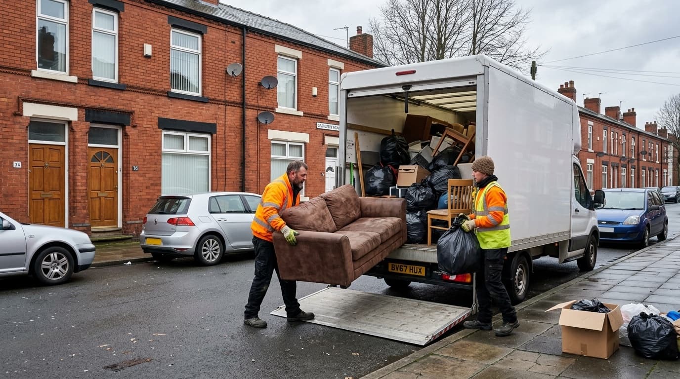 Fusion Waste team loading furniture and bagged rubbish into a removal van outside a Greater Manchester home