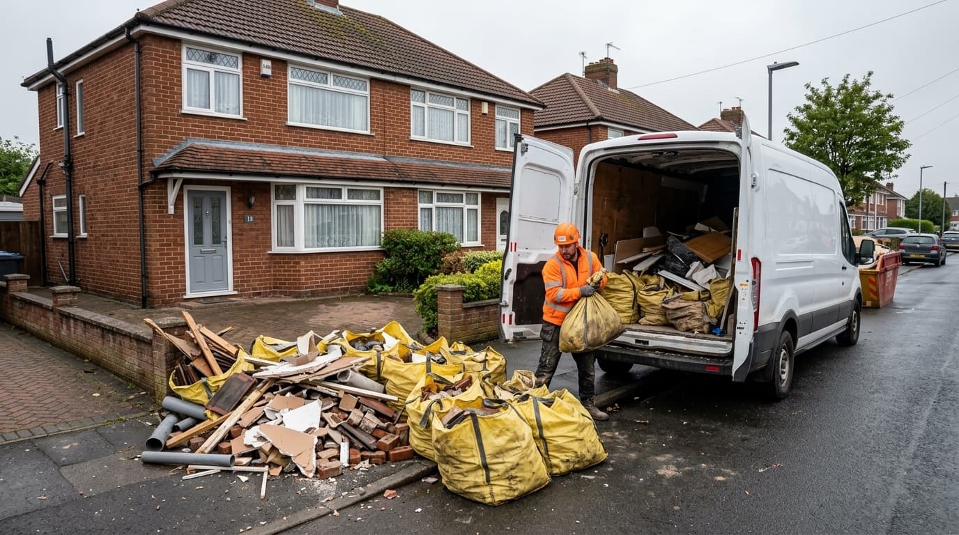 Builders rubble, broken plasterboard and timber from a kitchen rip-out being loaded into a waste van outside a UK semi-detached house