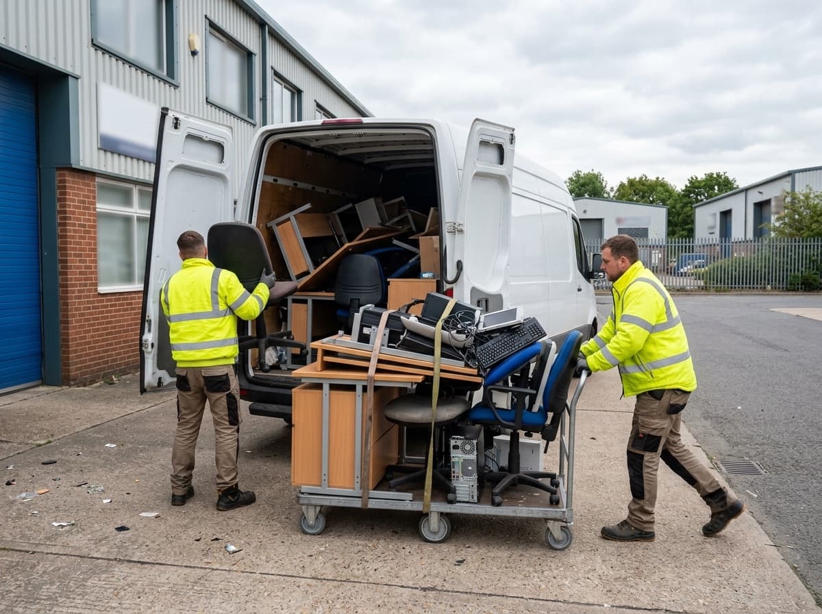 Office clearance with old desks, office chairs and IT equipment loaded onto a trolley and into a van outside a UK commercial unit